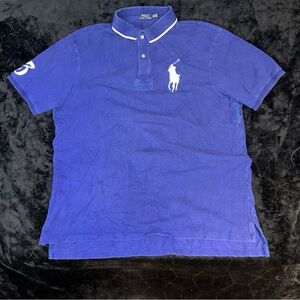 Polo Ralph Lauren Big Pony Polo Blue Shirt Mens 2XLT White Pony Rugby #3 Sleeve